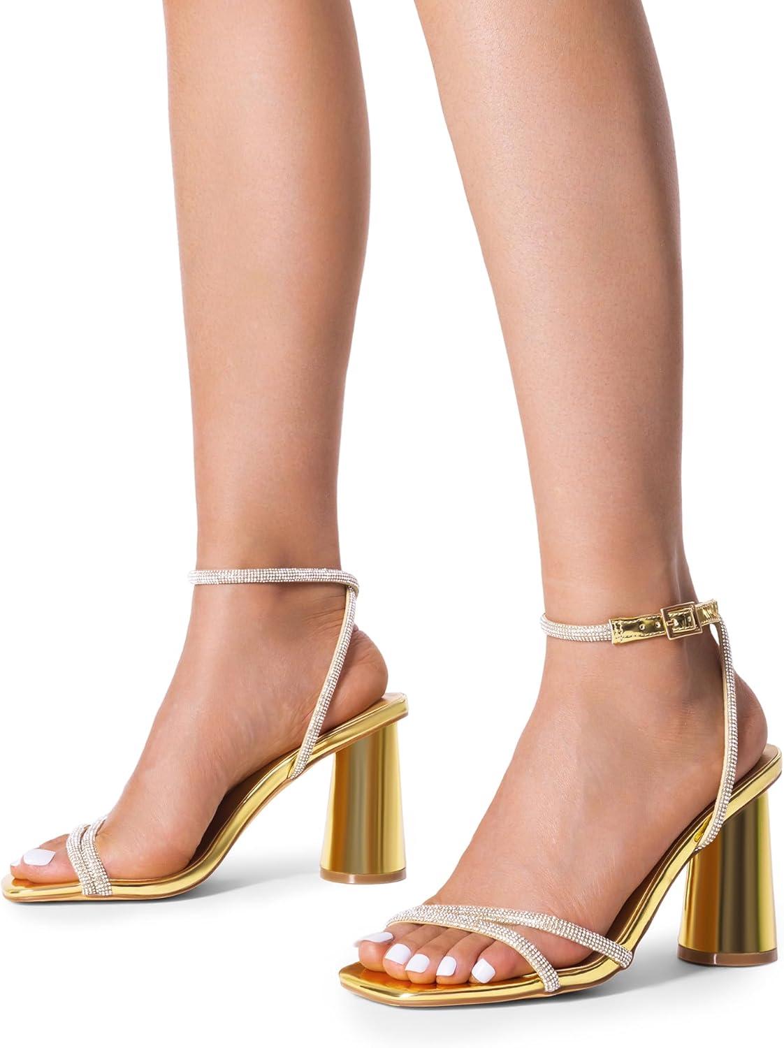 imageDREAM PAIRS Womens Strappy Round Heels Open Square Toe Ankle Strap Party Sandals Dress ShoesGoldrhinestone