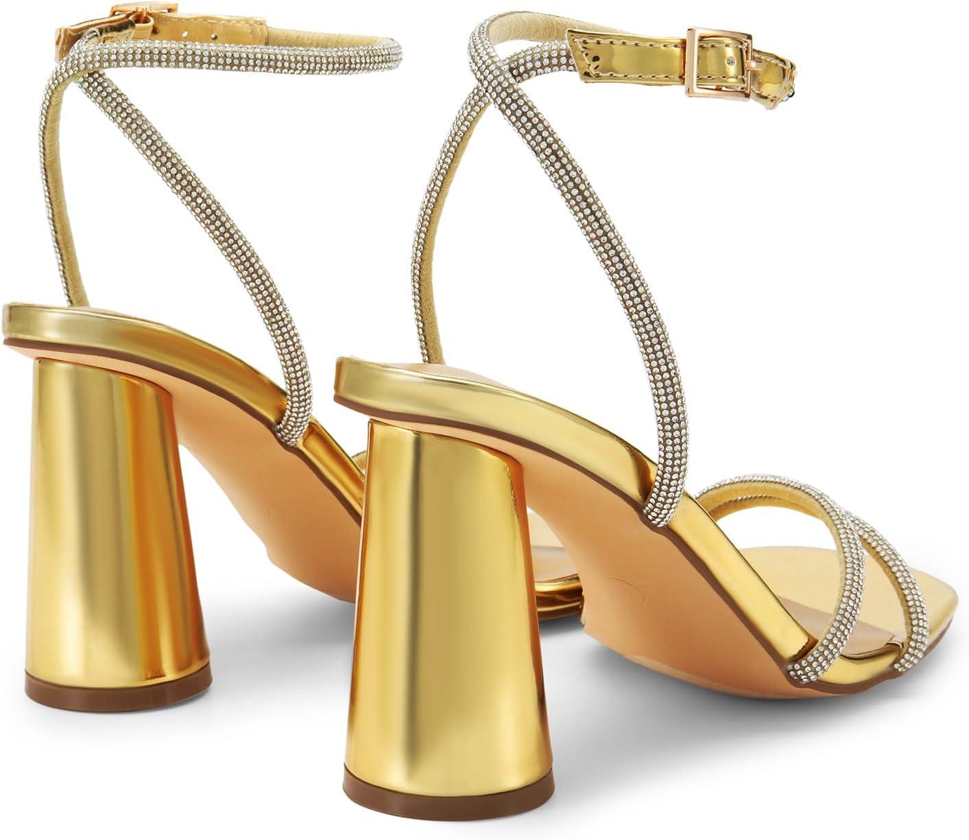 imageDREAM PAIRS Womens Strappy Round Heels Open Square Toe Ankle Strap Party Sandals Dress ShoesGoldrhinestone