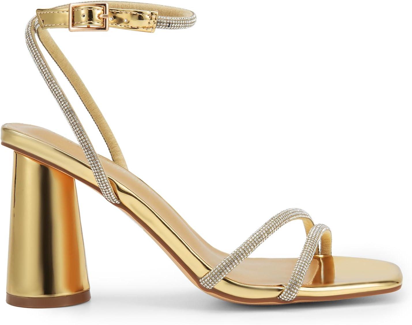 imageDREAM PAIRS Womens Strappy Round Heels Open Square Toe Ankle Strap Party Sandals Dress ShoesGoldrhinestone