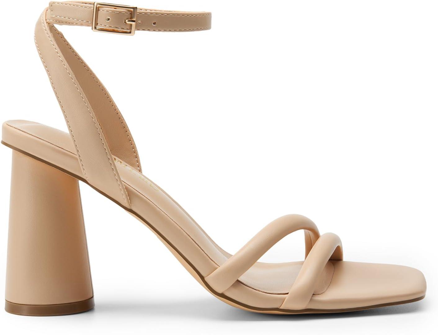 imageDREAM PAIRS Womens Strappy Round Heels Open Square Toe Ankle Strap Party Sandals Dress ShoesNudepu