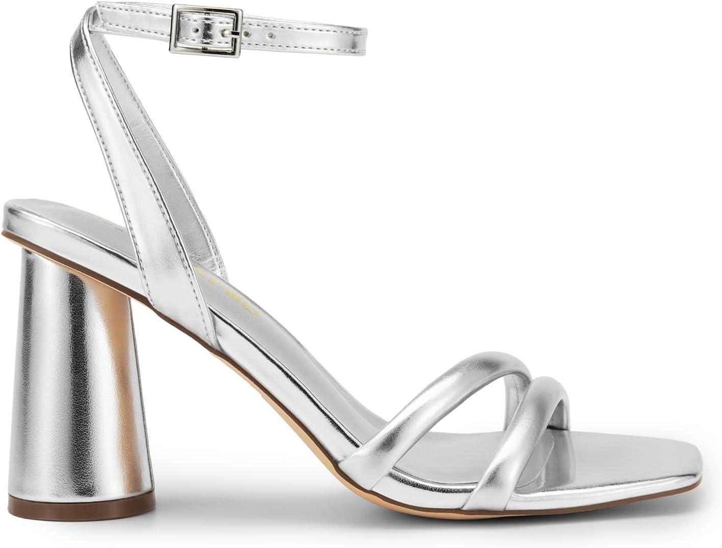 imageDREAM PAIRS Womens Strappy Round Heels Open Square Toe Ankle Strap Party Sandals Dress ShoesSilverpu