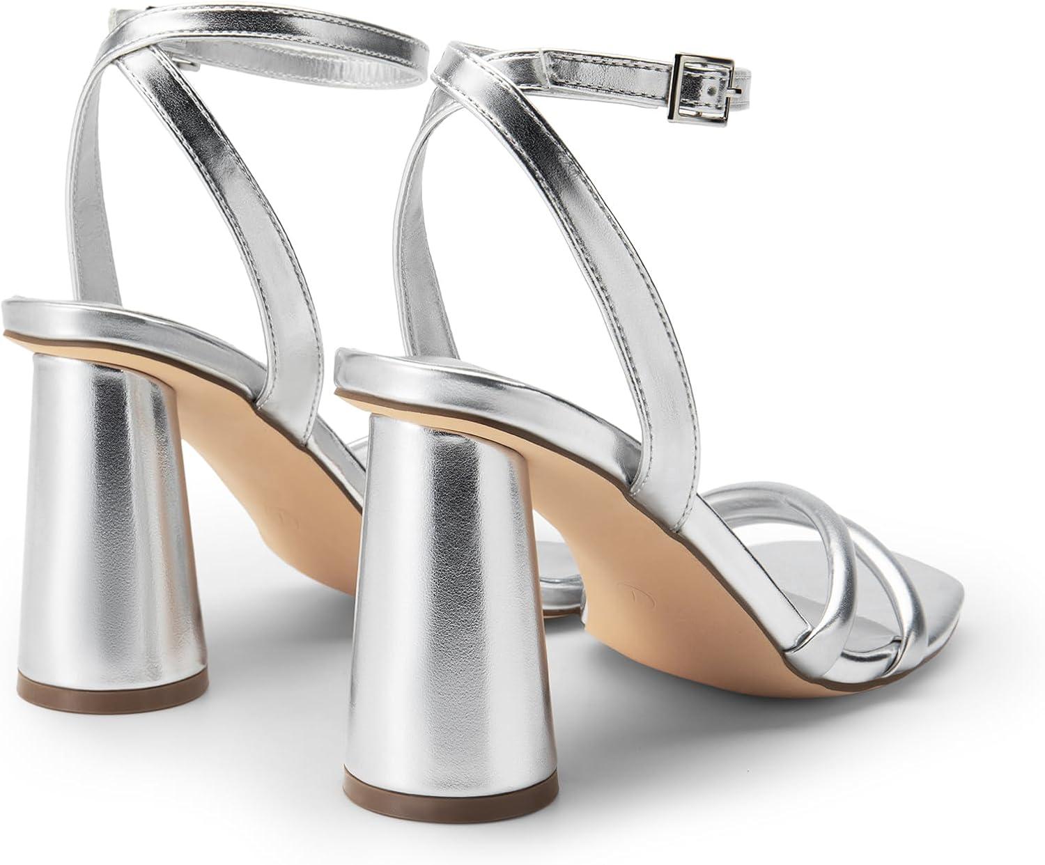 imageDREAM PAIRS Womens Strappy Round Heels Open Square Toe Ankle Strap Party Sandals Dress ShoesSilverpu