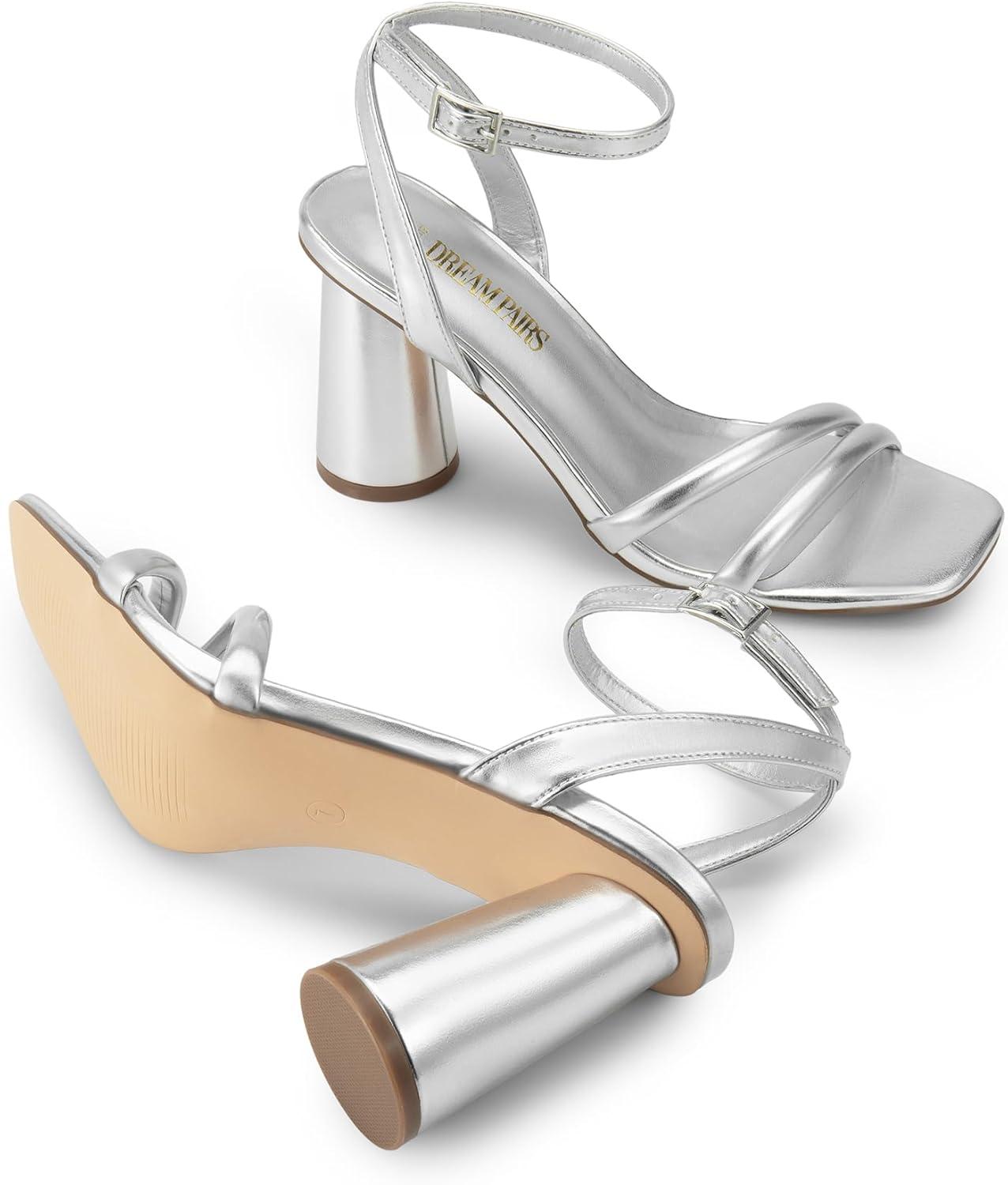 imageDREAM PAIRS Womens Strappy Round Heels Open Square Toe Ankle Strap Party Sandals Dress ShoesSilverpu