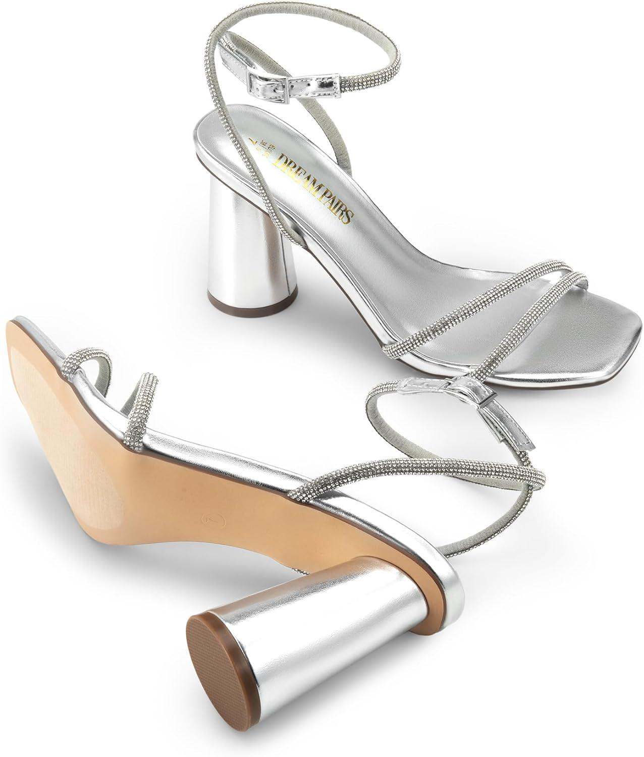 imageDREAM PAIRS Womens Strappy Round Heels Open Square Toe Ankle Strap Party Sandals Dress ShoesSilverrhinestone