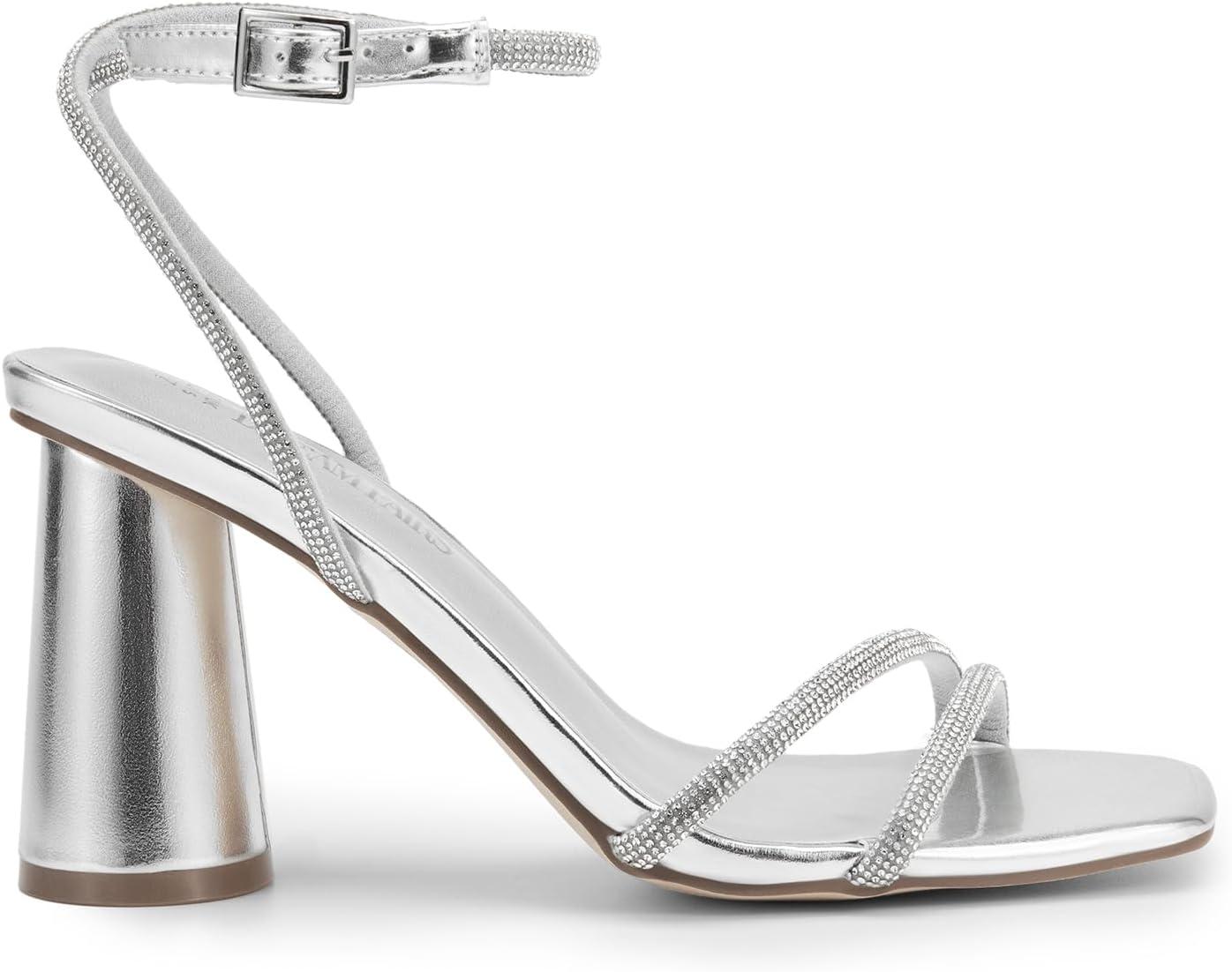 imageDREAM PAIRS Womens Strappy Round Heels Open Square Toe Ankle Strap Party Sandals Dress ShoesSilverrhinestone
