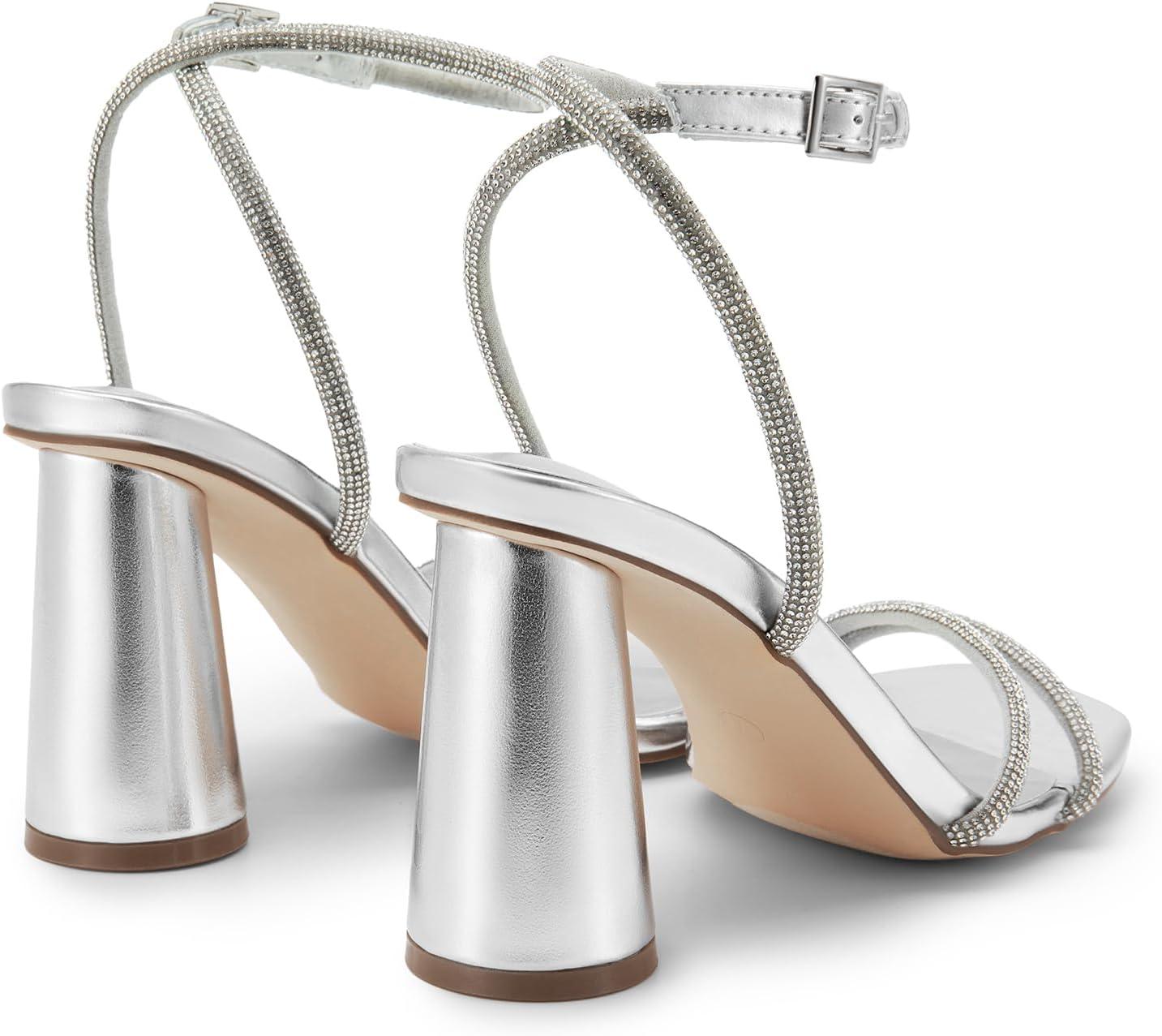 imageDREAM PAIRS Womens Strappy Round Heels Open Square Toe Ankle Strap Party Sandals Dress ShoesSilverrhinestone