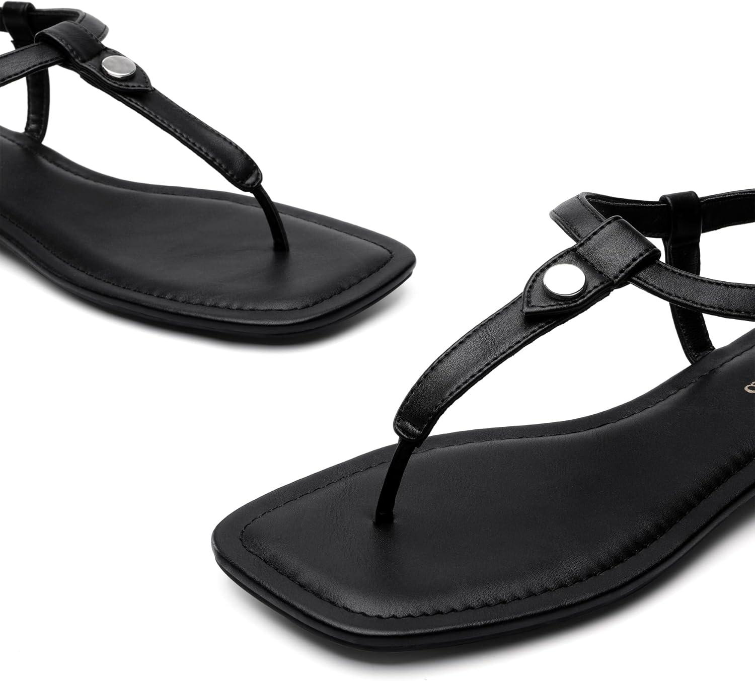 imageDREAM PAIRS Womens TStrap Thong Flat Sandals with Cute Square Toe Strappy for SummerBlack