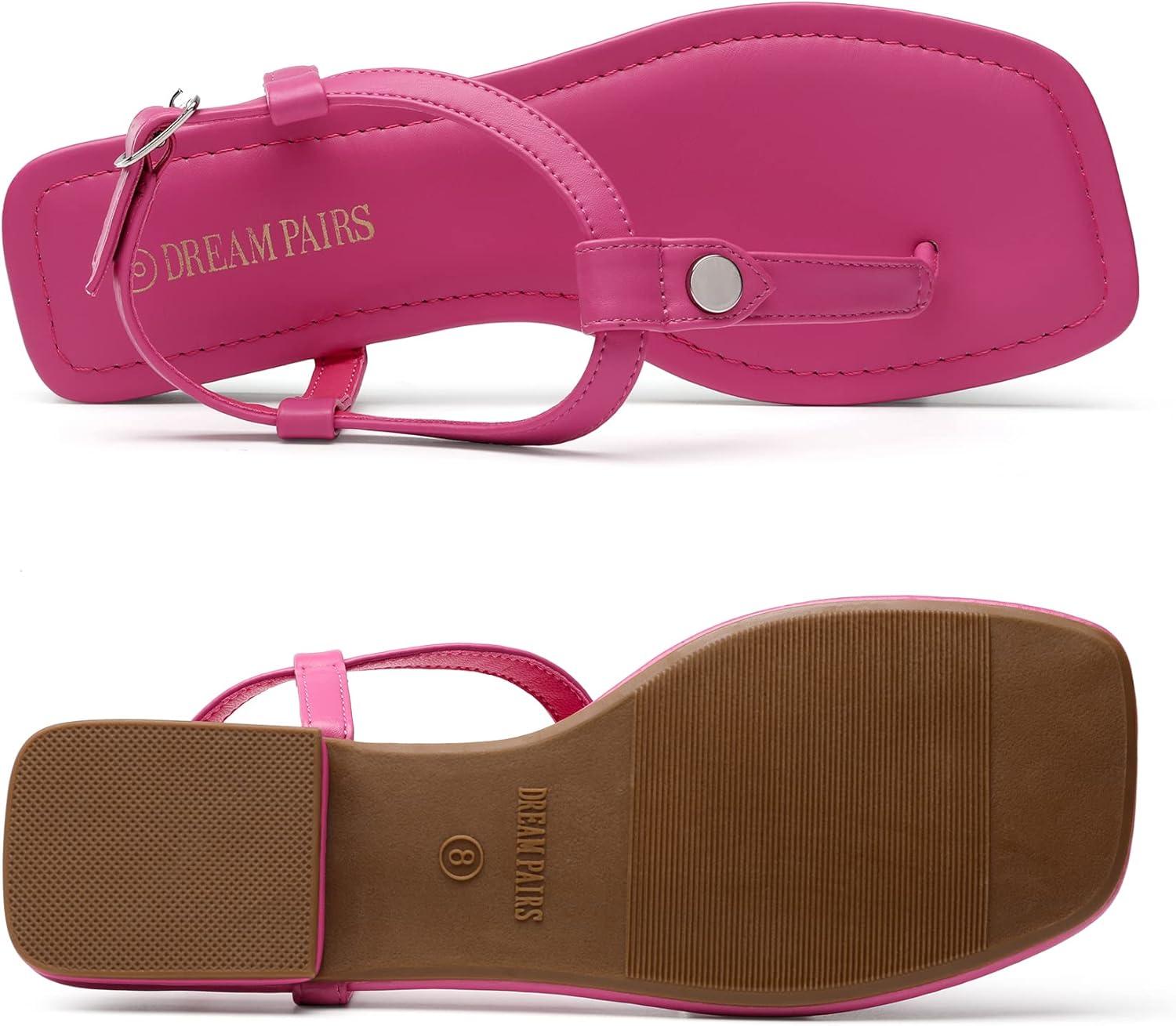 imageDREAM PAIRS Womens TStrap Thong Flat Sandals with Cute Square Toe Strappy for SummerHot Pink