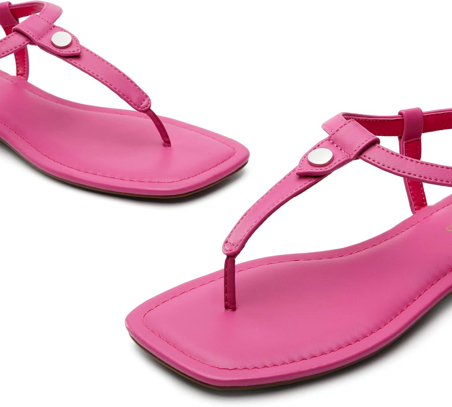 imageDREAM PAIRS Womens TStrap Thong Flat Sandals with Cute Square Toe Strappy for SummerHot Pink