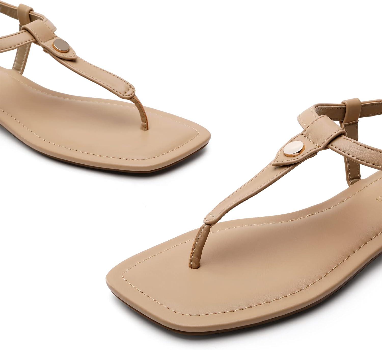 imageDREAM PAIRS Womens TStrap Thong Flat Sandals with Cute Square Toe Strappy for SummerNude