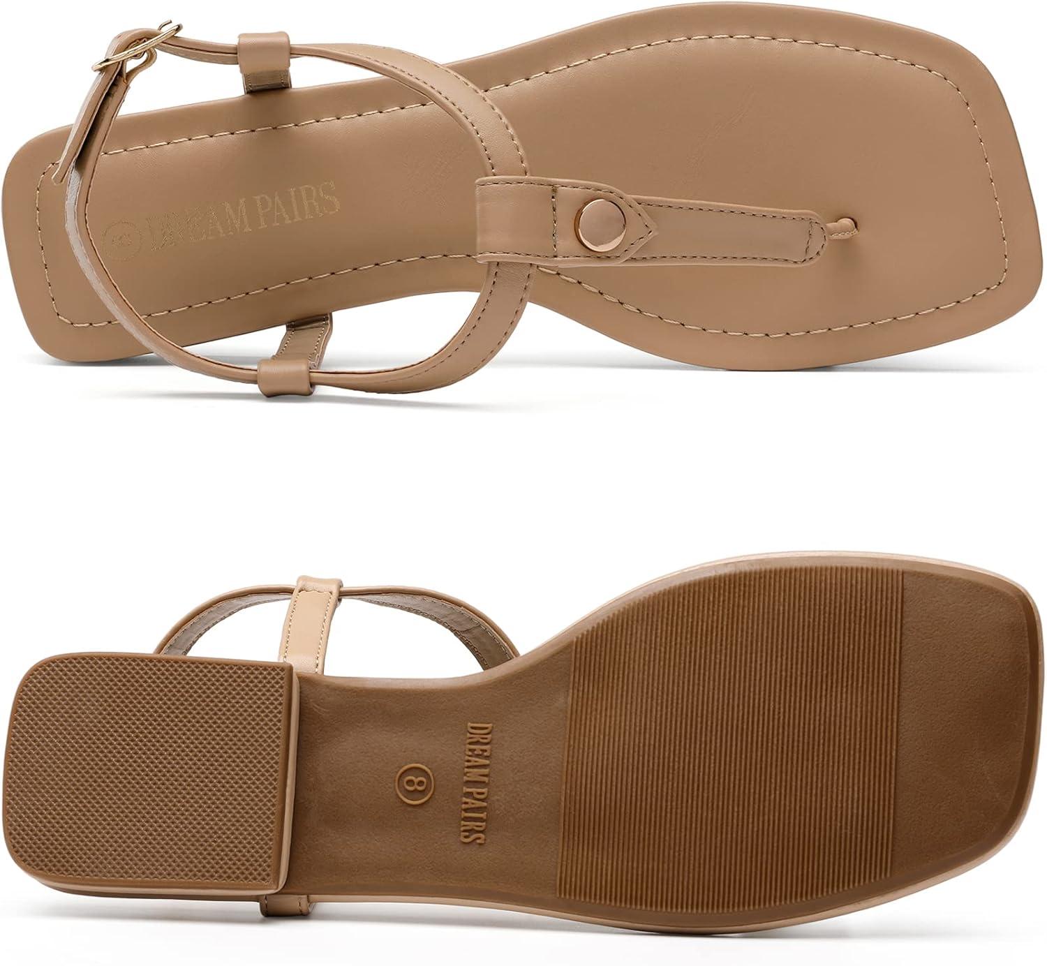 imageDREAM PAIRS Womens TStrap Thong Flat Sandals with Cute Square Toe Strappy for SummerNude