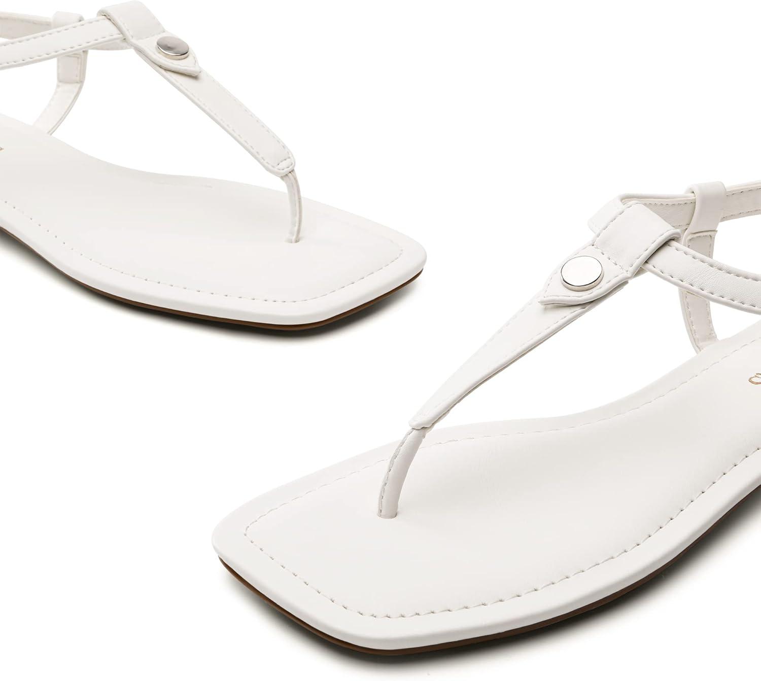 imageDREAM PAIRS Womens TStrap Thong Flat Sandals with Cute Square Toe Strappy for SummerWhite