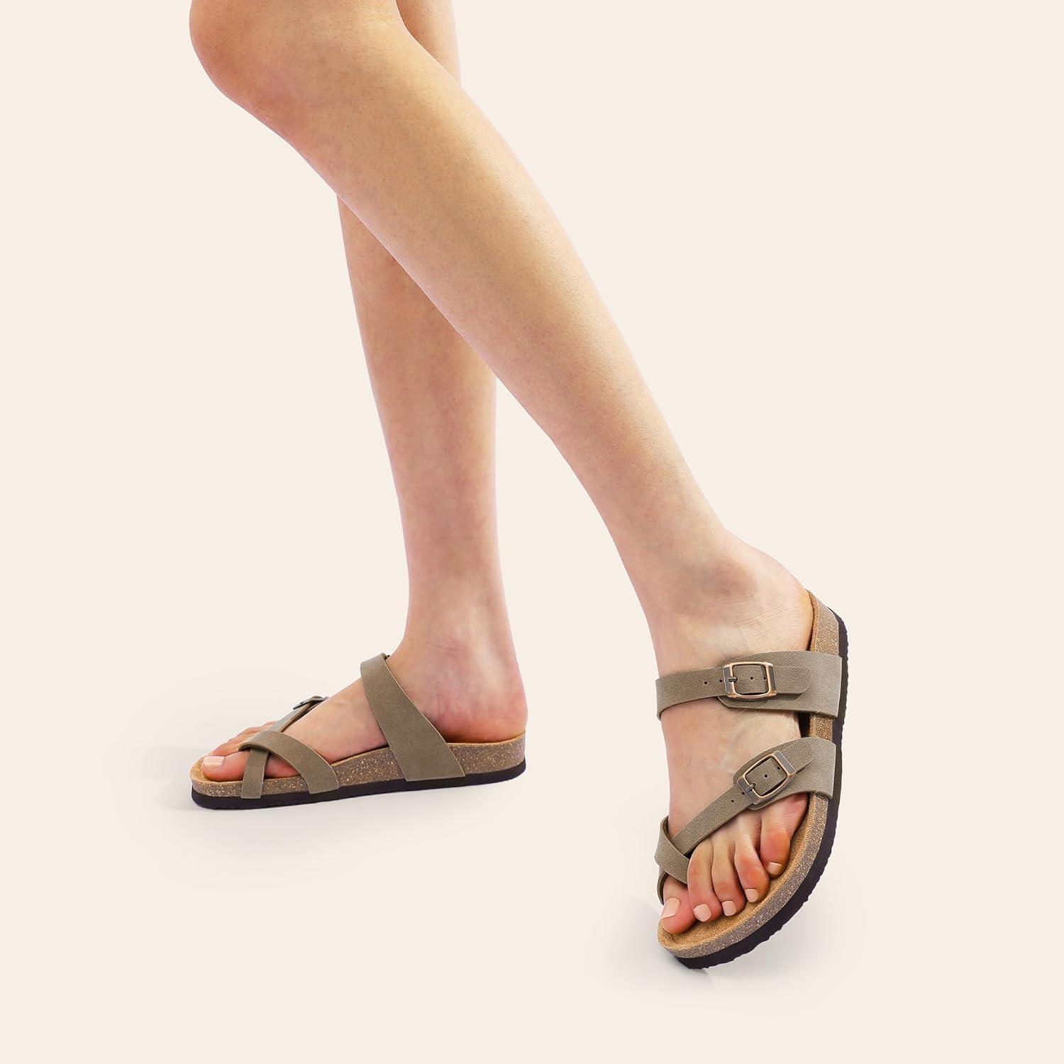 imageDREAM PAIRS Womens Thong Slide Sandals with Cork Footbed Open Toe Adjustable Slip On Slippers Comfort Flat Sandals for SummerBrown