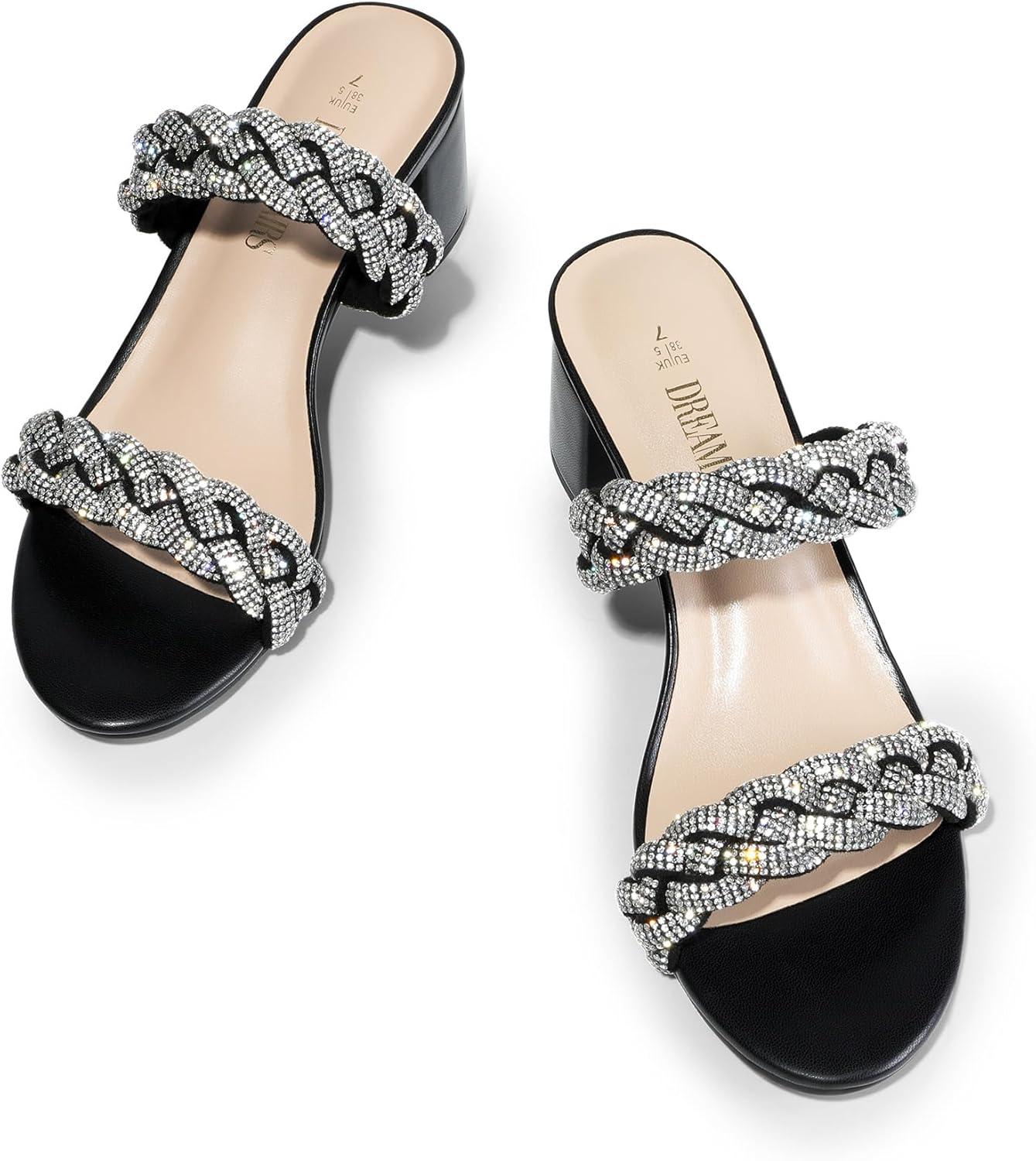 imageDREAM PAIRS Womens Two Braided Strap Low Heels for Women Open Toe Block Chunky Heels Sandals Holiday Party Wedding Dress Pumps ShoesBlackrhinestone