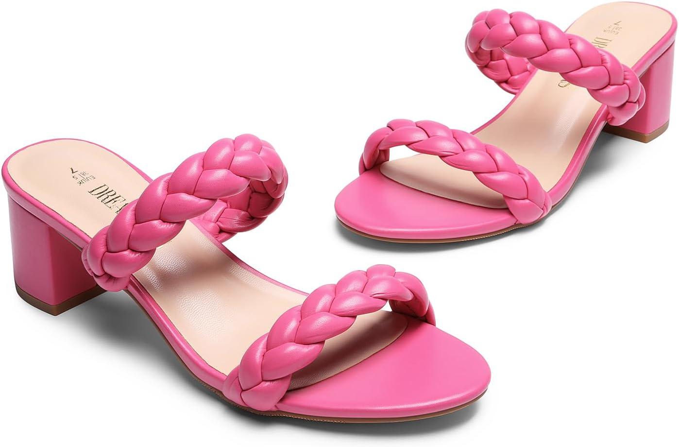 imageDREAM PAIRS Womens Two Braided Strap Low Heels for Women Open Toe Block Chunky Heels Sandals Holiday Party Wedding Dress Pumps ShoesHot Pink