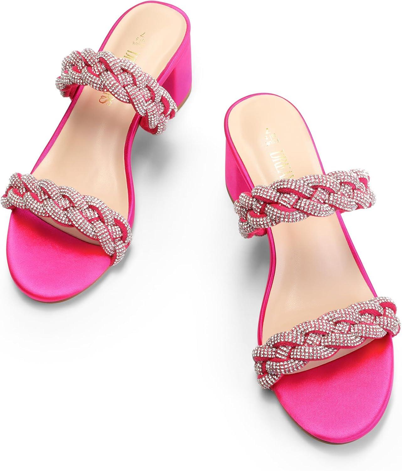 imageDREAM PAIRS Womens Two Braided Strap Low Heels for Women Open Toe Block Chunky Heels Sandals Holiday Party Wedding Dress Pumps ShoesHot Pinkrhinestone