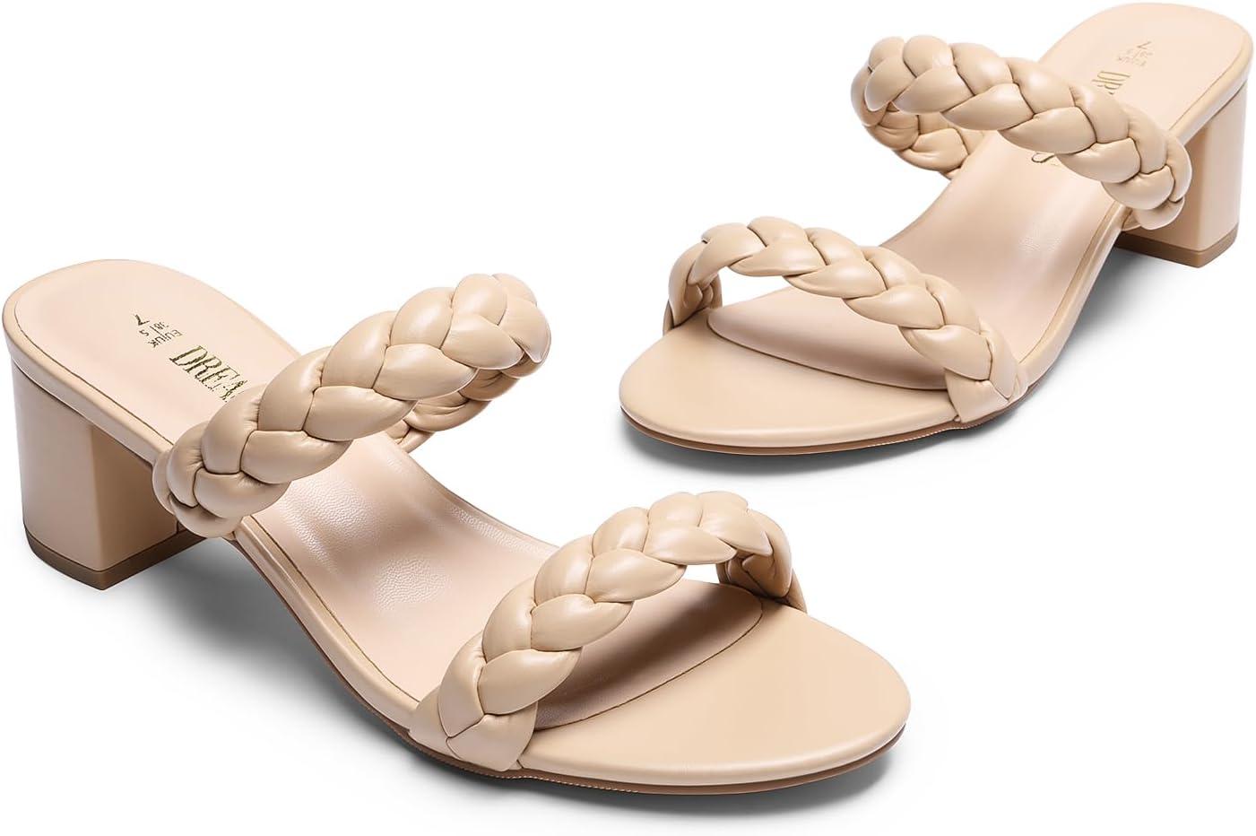 imageDREAM PAIRS Womens Two Braided Strap Low Heels for Women Open Toe Block Chunky Heels Sandals Holiday Party Wedding Dress Pumps ShoesNude