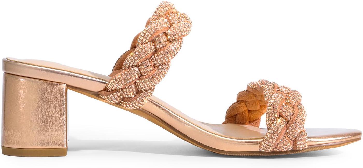 imageDREAM PAIRS Womens Two Braided Strap Low Heels for Women Open Toe Block Chunky Heels Sandals Holiday Party Wedding Dress Pumps ShoesRose Goldrhinestone