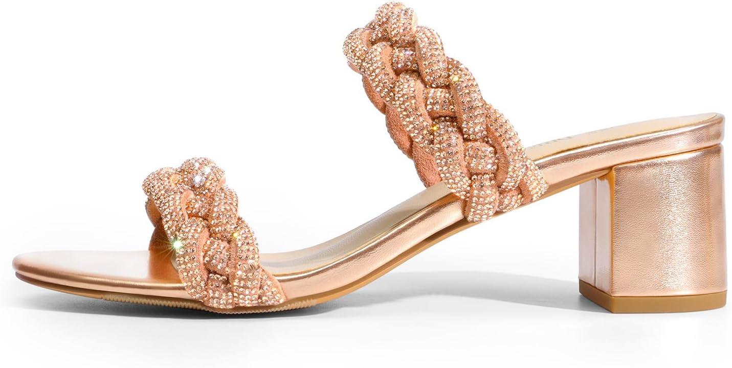 imageDREAM PAIRS Womens Two Braided Strap Low Heels for Women Open Toe Block Chunky Heels Sandals Holiday Party Wedding Dress Pumps ShoesRose Goldrhinestone