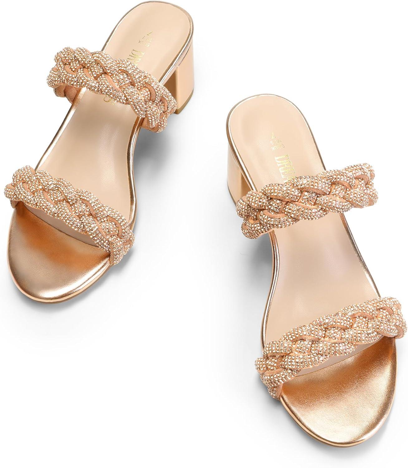 imageDREAM PAIRS Womens Two Braided Strap Low Heels for Women Open Toe Block Chunky Heels Sandals Holiday Party Wedding Dress Pumps ShoesRose Goldrhinestone