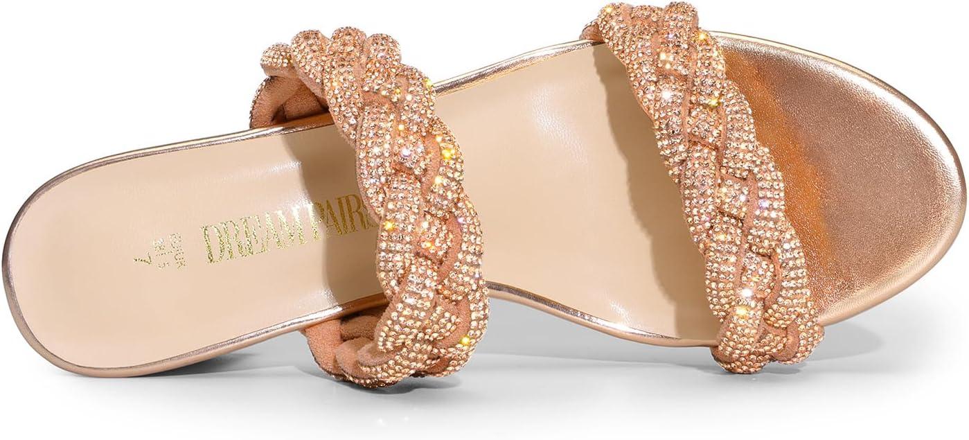 imageDREAM PAIRS Womens Two Braided Strap Low Heels for Women Open Toe Block Chunky Heels Sandals Holiday Party Wedding Dress Pumps ShoesRose Goldrhinestone