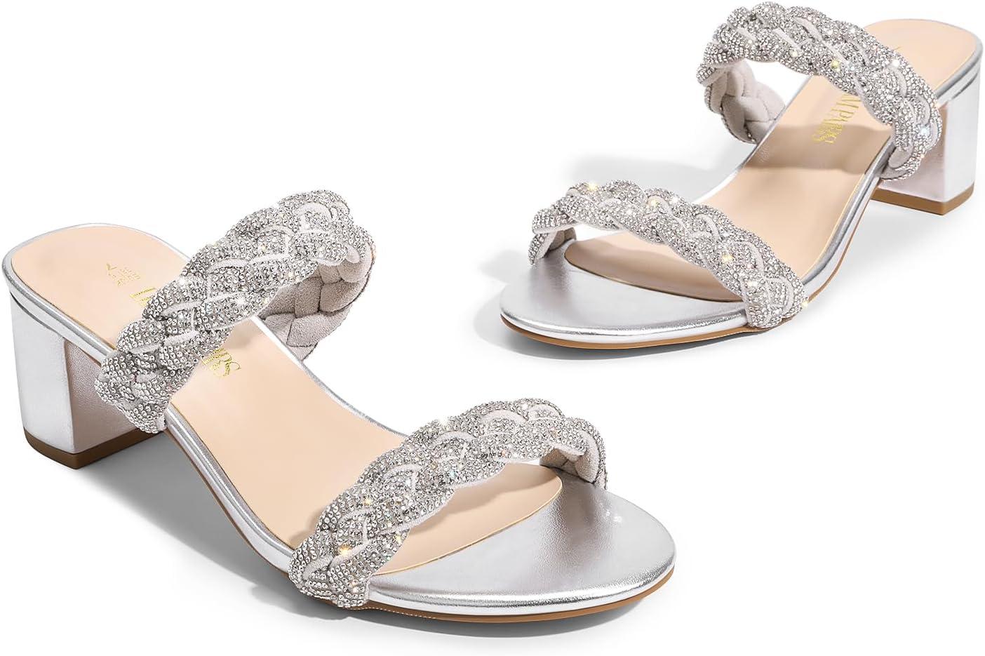 imageDREAM PAIRS Womens Two Braided Strap Low Heels for Women Open Toe Block Chunky Heels Sandals Holiday Party Wedding Dress Pumps ShoesSilver
