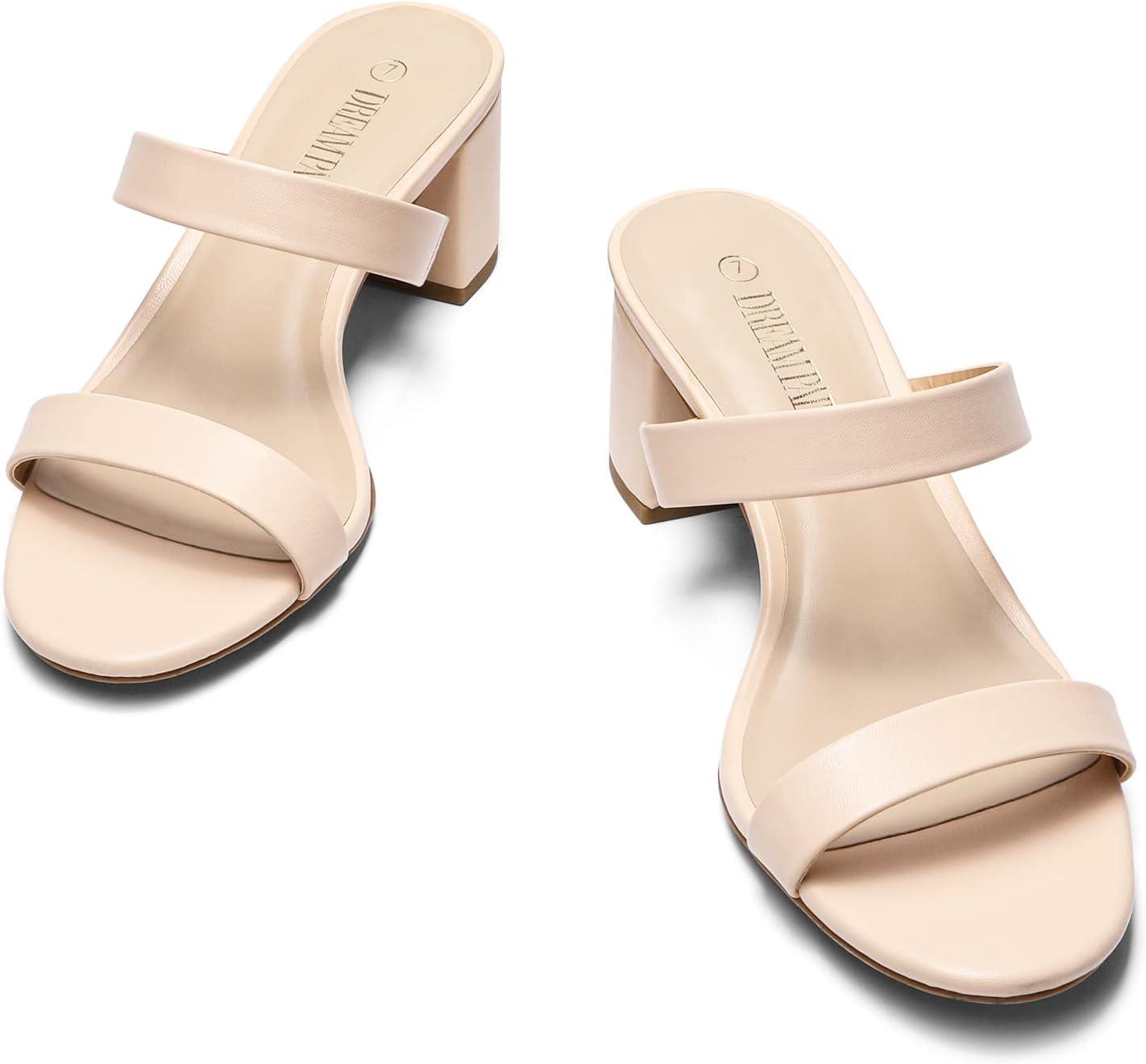 imageDREAM PAIRS Womens Two Strap Open Toe Low Block Chunky Heels Sandals Dress Pumps Casual Summer Mules ShoesApricontPu
