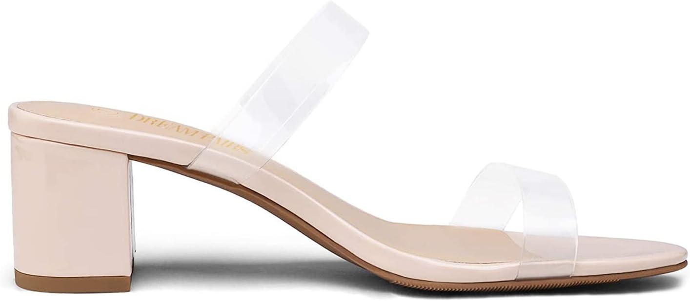 imageDREAM PAIRS Womens Two Strap Open Toe Low Block Chunky Heels Sandals Dress Pumps Casual Summer Mules ShoesNudeTpu
