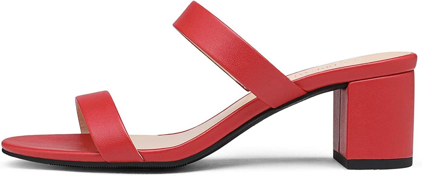 imageDREAM PAIRS Womens Two Strap Open Toe Low Block Chunky Heels Sandals Dress Pumps Casual Summer Mules ShoesRedPu