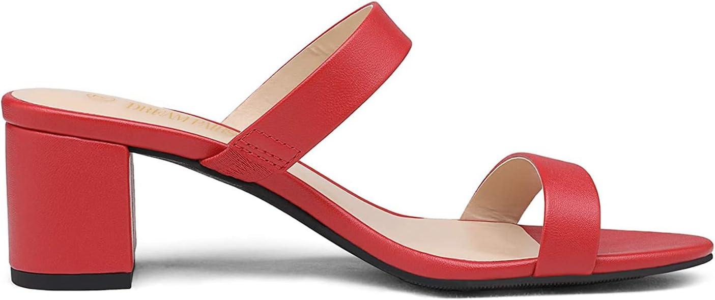 imageDREAM PAIRS Womens Two Strap Open Toe Low Block Chunky Heels Sandals Dress Pumps Casual Summer Mules ShoesRedPu