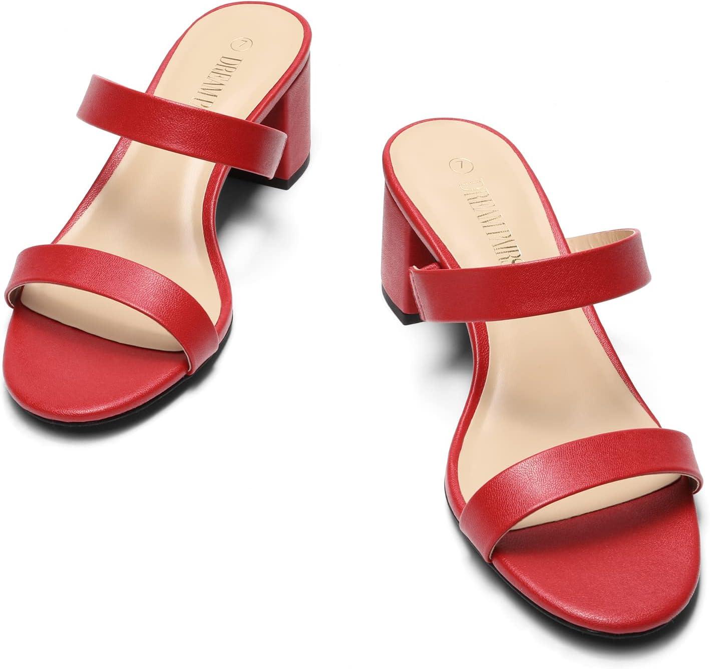 imageDREAM PAIRS Womens Two Strap Open Toe Low Block Chunky Heels Sandals Dress Pumps Casual Summer Mules ShoesRedPu
