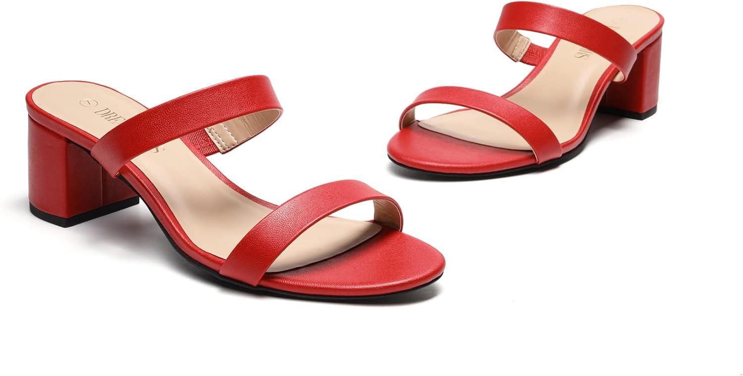imageDREAM PAIRS Womens Two Strap Open Toe Low Block Chunky Heels Sandals Dress Pumps Casual Summer Mules ShoesRedPu