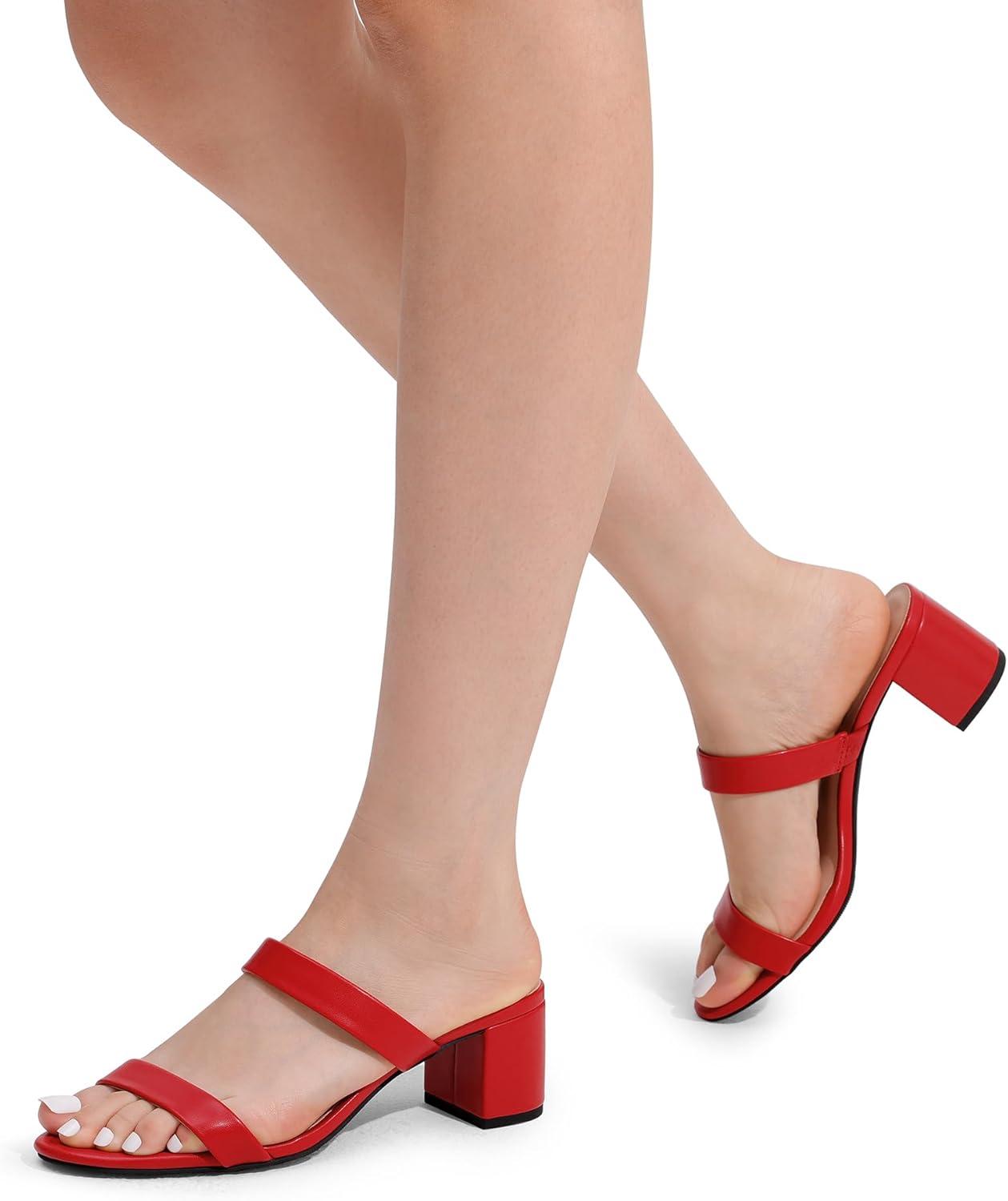 imageDREAM PAIRS Womens Two Strap Open Toe Low Block Chunky Heels Sandals Dress Pumps Casual Summer Mules ShoesRedpu