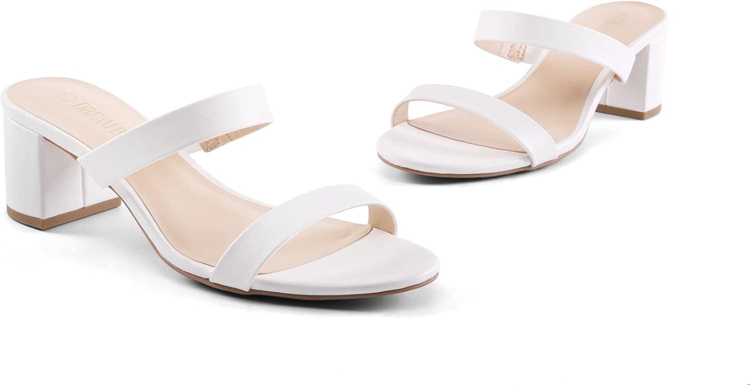 imageDREAM PAIRS Womens Two Strap Open Toe Low Block Chunky Heels Sandals Dress Pumps Casual Summer Mules ShoesWhitePu