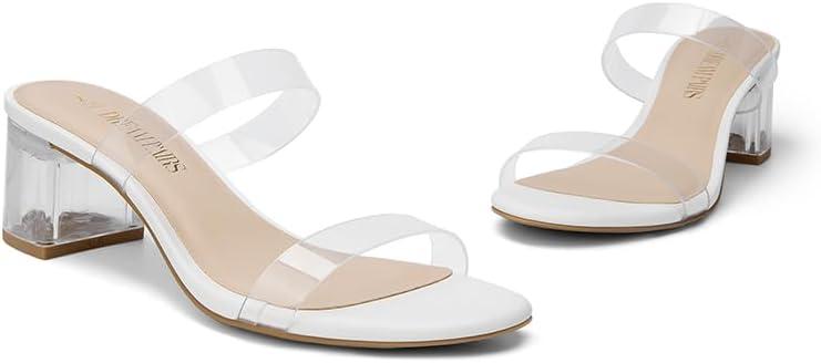 imageDREAM PAIRS Womens Two Strap Open Toe Low Block Chunky Heels Sandals Dress Pumps Casual Summer Mules ShoesWhitetpu