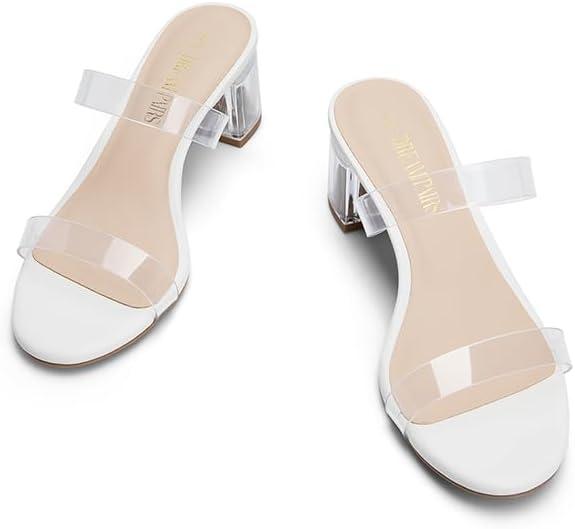 imageDREAM PAIRS Womens Two Strap Open Toe Low Block Chunky Heels Sandals Dress Pumps Casual Summer Mules ShoesWhitetpu