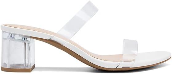 imageDREAM PAIRS Womens Two Strap Open Toe Low Block Chunky Heels Sandals Dress Pumps Casual Summer Mules ShoesWhitetpu