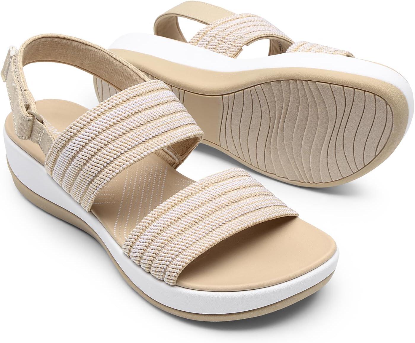 imageDREAM PAIRS Womens Walking Sandals Lightweight Soft Footbed Low Wedge Comfort Indoor Outdoor Flat SandalsBeige