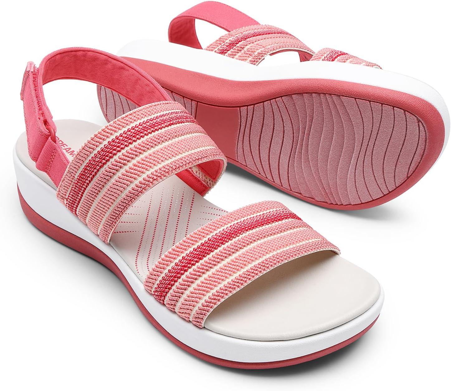 imageDREAM PAIRS Womens Walking Sandals Lightweight Soft Footbed Low Wedge Comfort Indoor Outdoor Flat SandalsRed