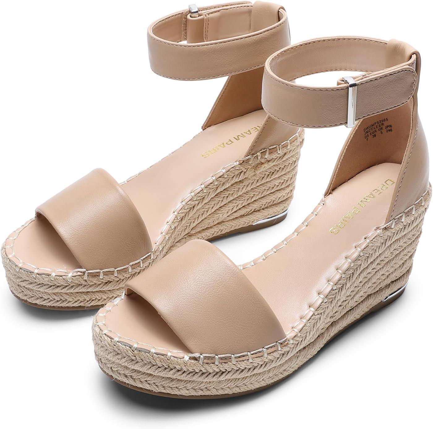imageDREAM PAIRS Womens Wedge Sandals Open Toe Espadrilles Sandals Comfortable Dressy Ankle Strap Platform Sandals Suitable for Work Beach Summer ShoesNude