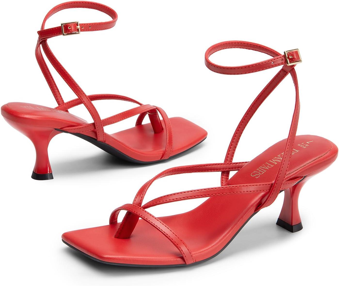 imageDREAM PAIRS Womens kitten Low Strappy Lace Up Heels Open Square Toe Thong Ankle Strap Heels Sexy Fashion Comfort Dress Shoes Party Sylvestra Pumps Heeled SandalsRedpu