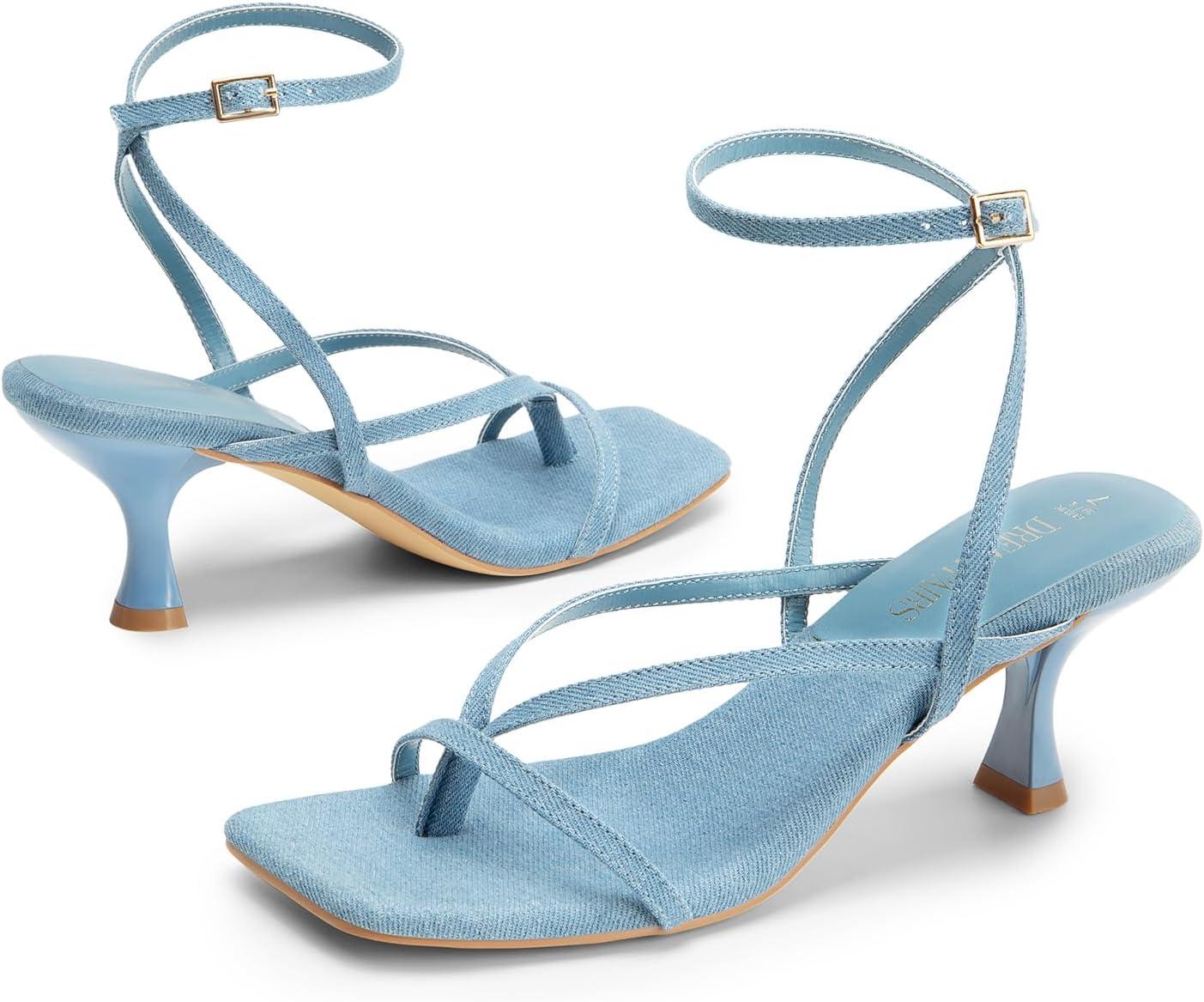 imageDREAM PAIRS Womens kitten Low Strappy Lace Up Heels Open Square Toe Thong Ankle Strap Heels Sexy Fashion Comfort Dress Shoes Party Sylvestra Pumps Heeled SandalsDenim Blue