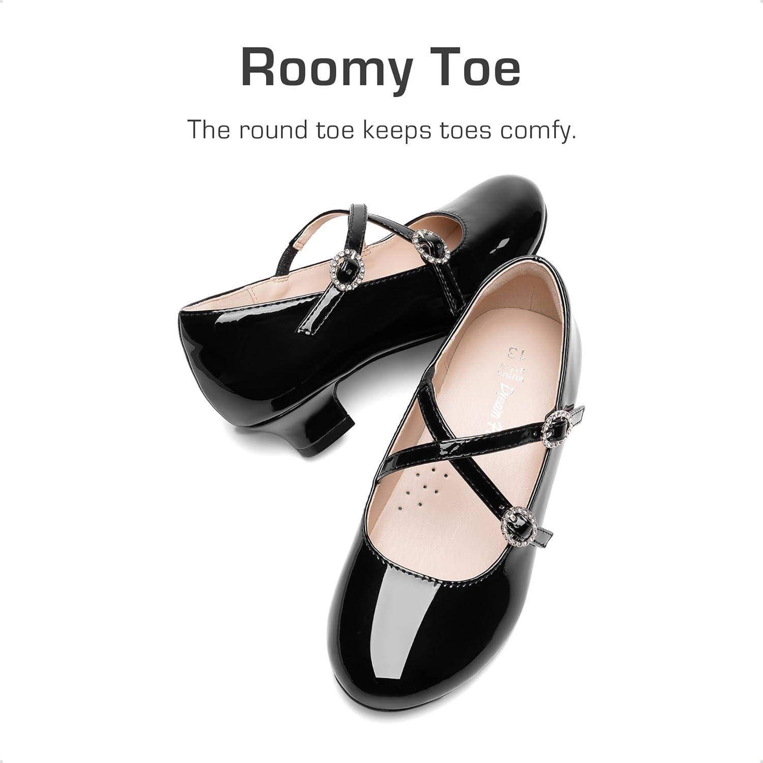 imageDream Pairs Girls Dress Shoes Mary Jane High Heel Round Toe Straps Pumps Flower Wedding Party Princess Flats for LittleBig KidsBlack