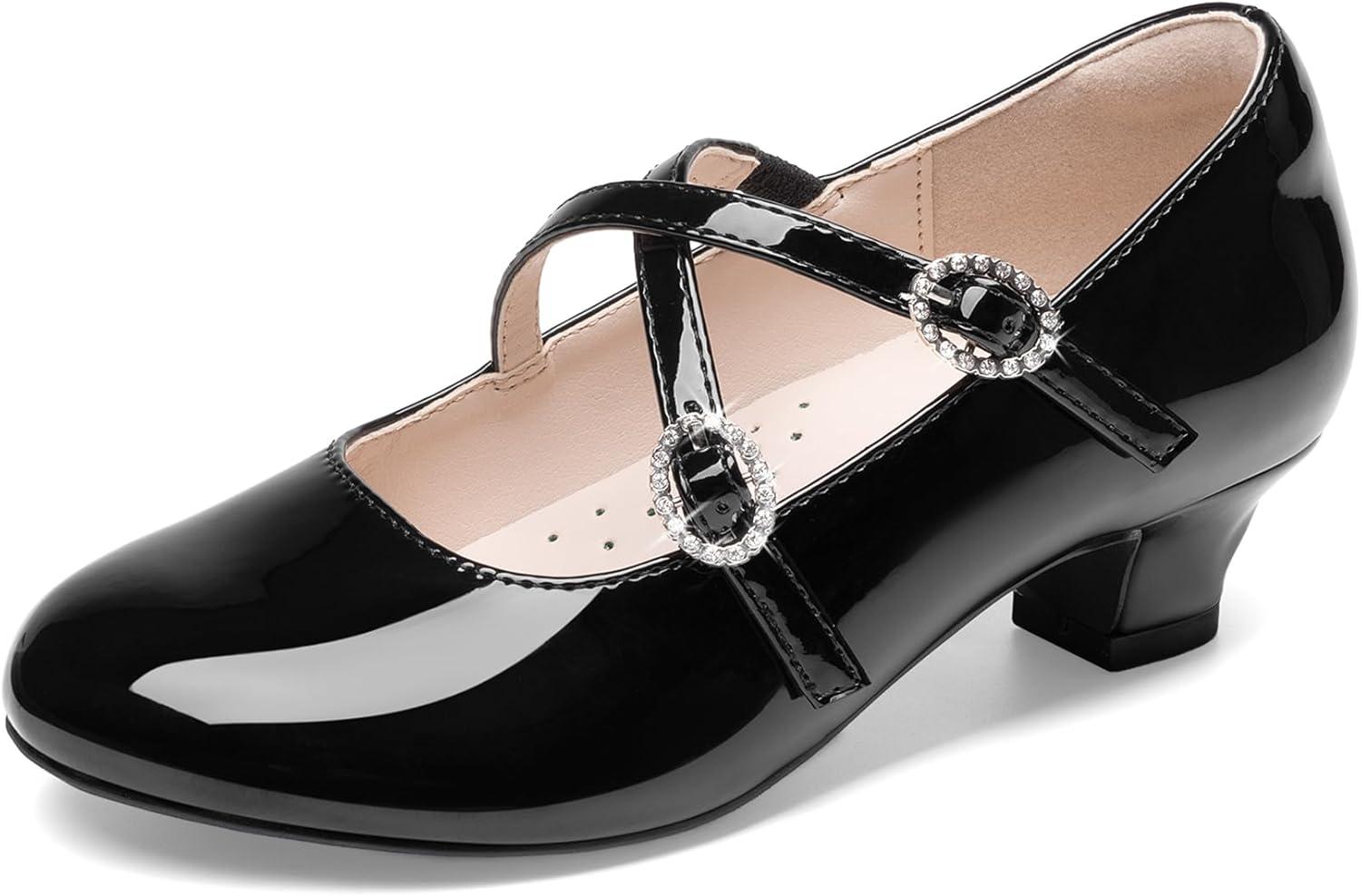 imageDream Pairs Girls Dress Shoes Mary Jane High Heel Round Toe Straps Pumps Flower Wedding Party Princess Flats for LittleBig KidsBlack