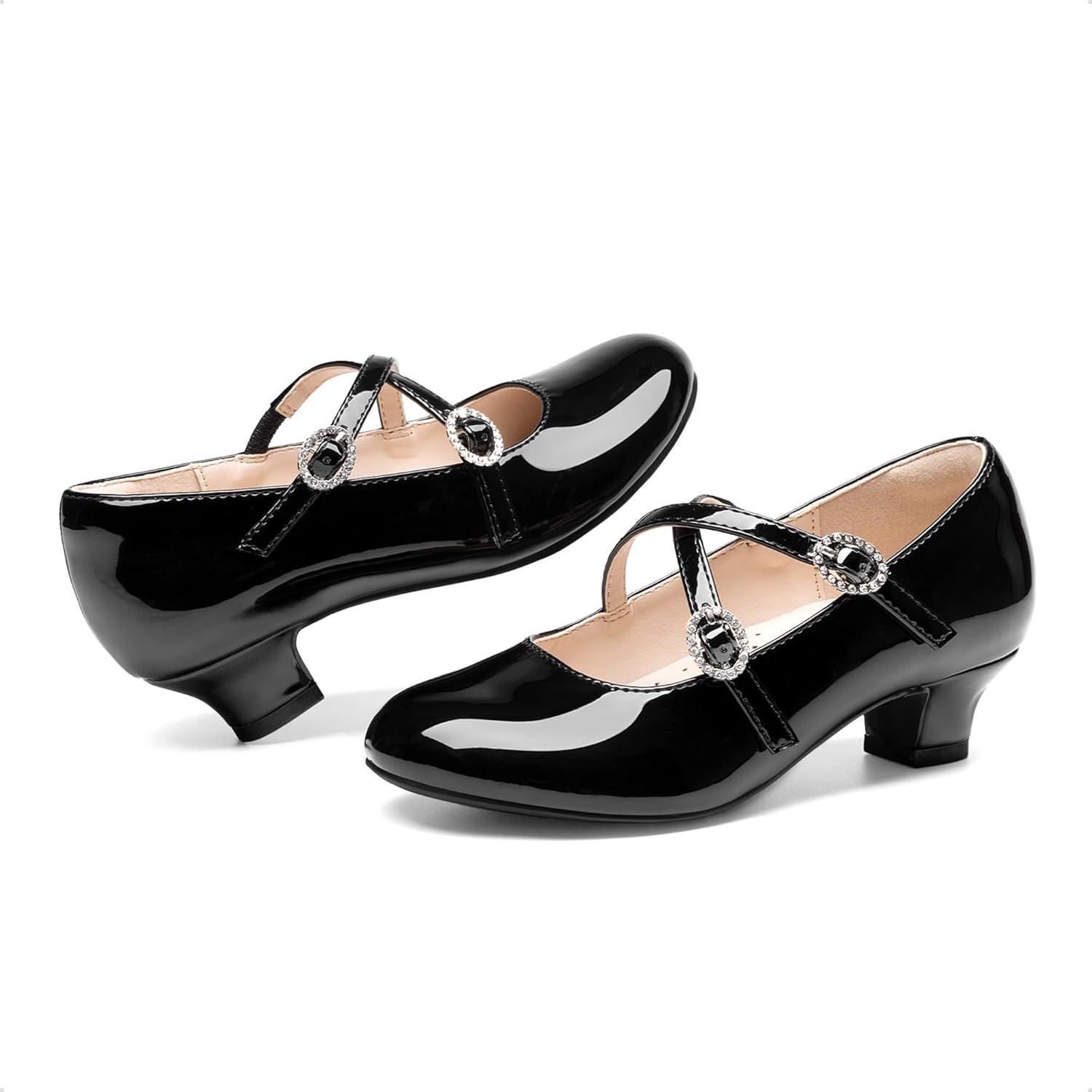 imageDream Pairs Girls Dress Shoes Mary Jane High Heel Round Toe Straps Pumps Flower Wedding Party Princess Flats for LittleBig KidsBlack