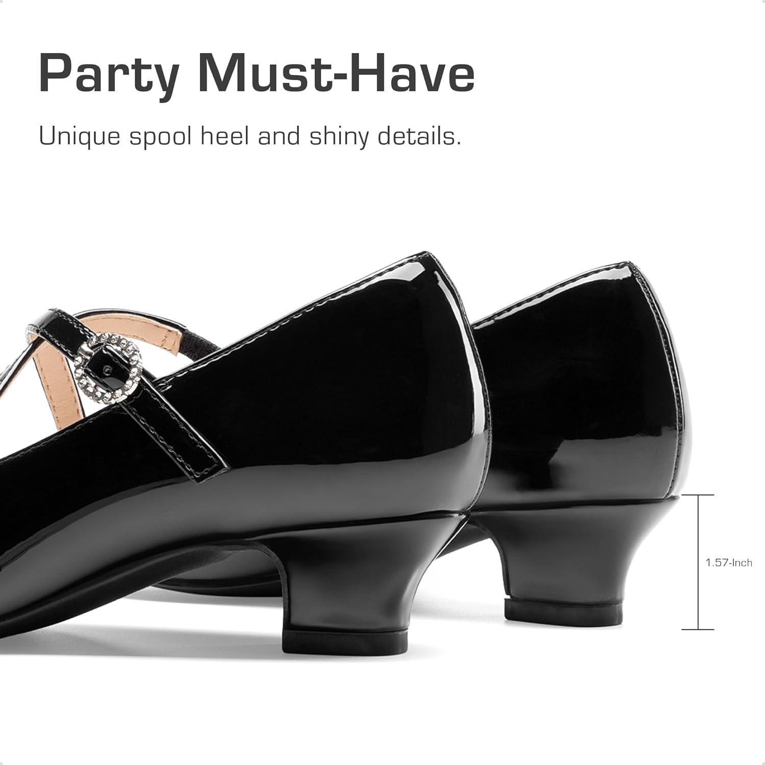 imageDream Pairs Girls Dress Shoes Mary Jane High Heel Round Toe Straps Pumps Flower Wedding Party Princess Flats for LittleBig KidsBlack