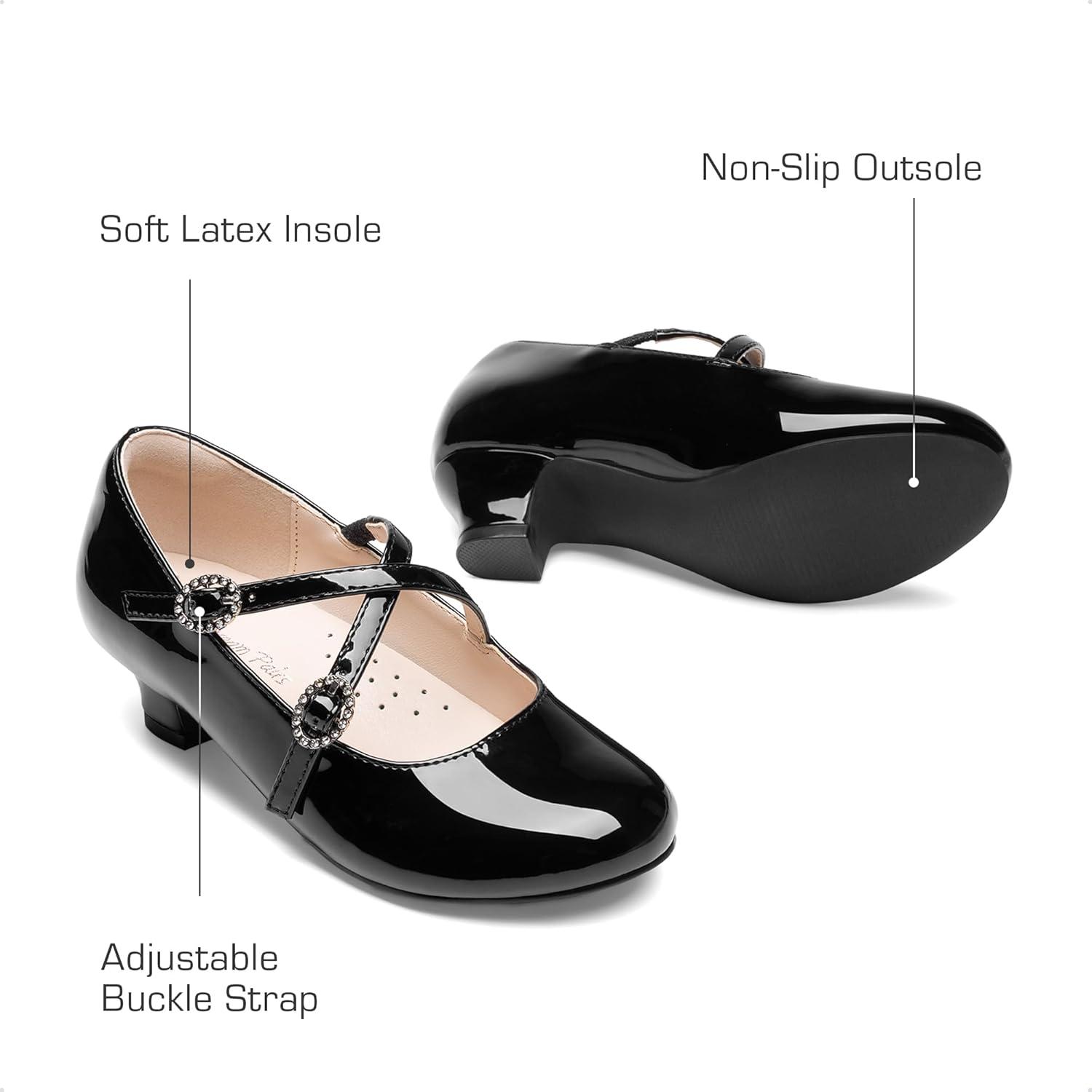 imageDream Pairs Girls Dress Shoes Mary Jane High Heel Round Toe Straps Pumps Flower Wedding Party Princess Flats for LittleBig KidsBlack