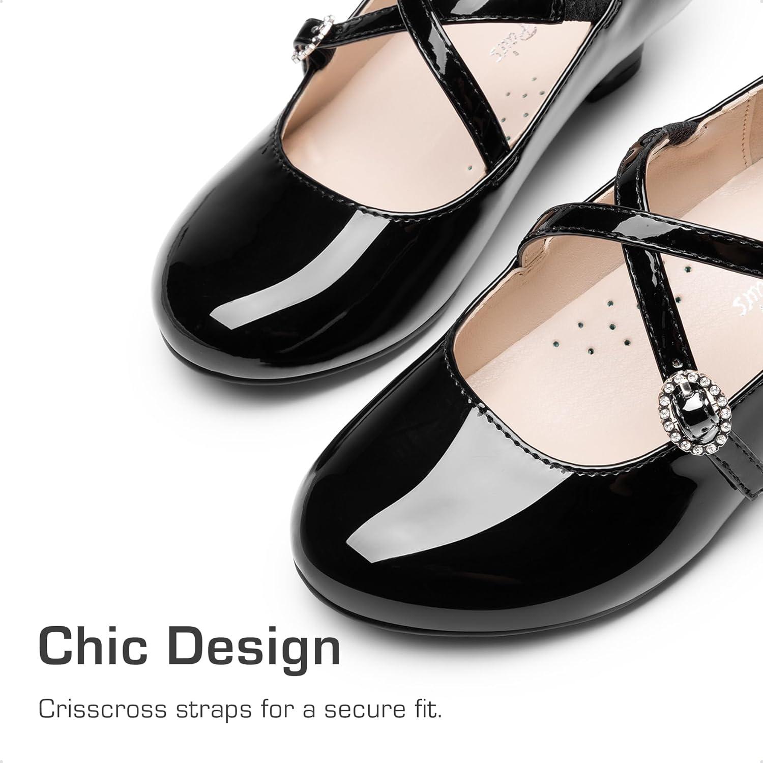 imageDream Pairs Girls Dress Shoes Mary Jane High Heel Round Toe Straps Pumps Flower Wedding Party Princess Flats for LittleBig KidsBlack