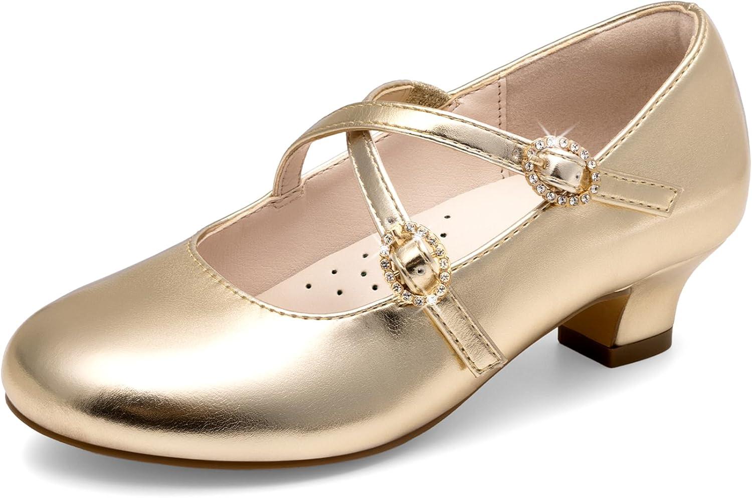 imageDream Pairs Girls Dress Shoes Mary Jane High Heel Round Toe Straps Pumps Flower Wedding Party Princess Flats for LittleBig KidsGold