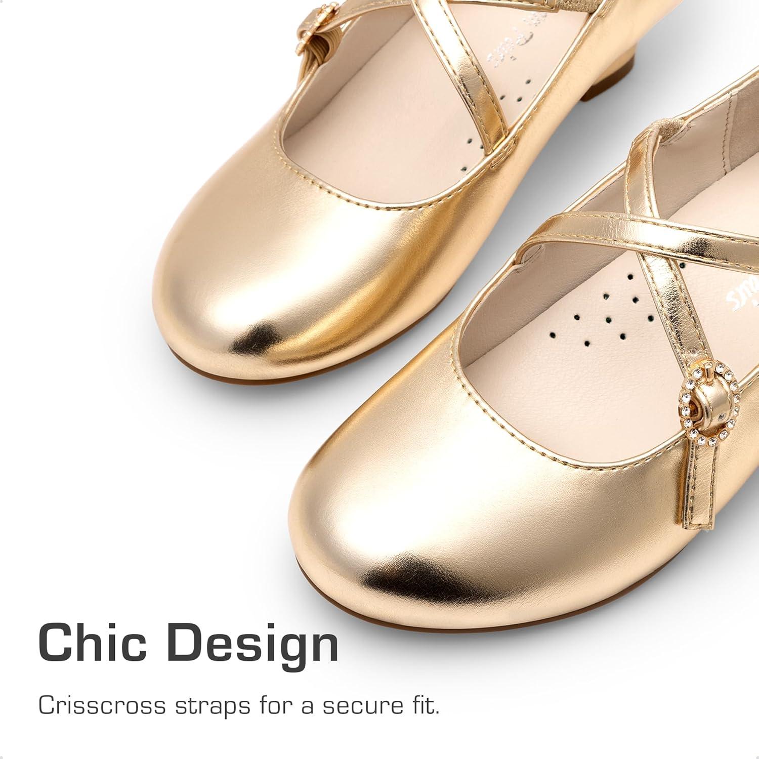 imageDream Pairs Girls Dress Shoes Mary Jane High Heel Round Toe Straps Pumps Flower Wedding Party Princess Flats for LittleBig KidsGold